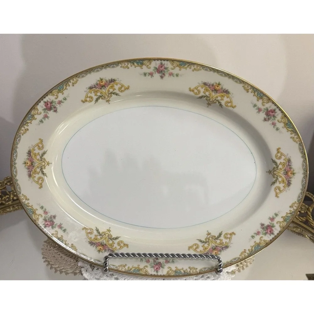 1933 Vintage Noritake Gloria 13 1/2 in Oval Sewrving Platter Green Yellow Floral